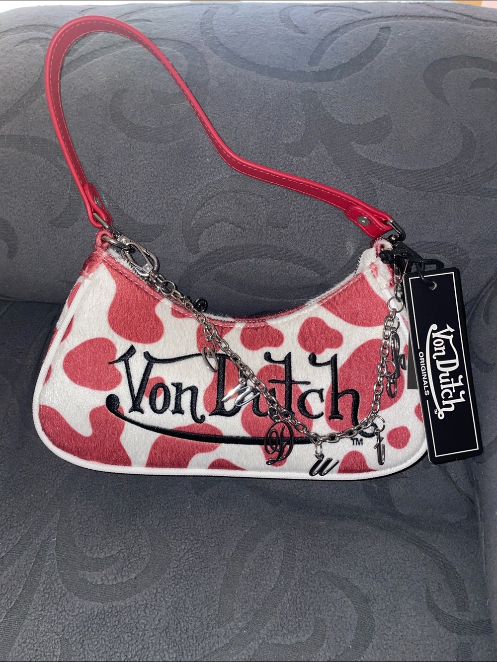 Von Dutch red & White cheetah-Print Shoulder Bag with Charm Chain